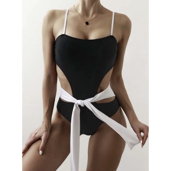 NEW Black & White Monokini Swimsuit w/ Adj White Tie Belt Around Waist -Size L - Picture 1 of 7